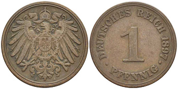 Германия 1 пфенниг 1897 A KM 10, J. 10, Weege 2 медь 211-221
