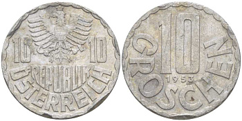 Австрия 10 грошей 1953 KM 2878 алюминий 211-767