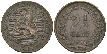 Нидерланды 2 1/2 цента 1880 Виллем III (1849-1890) KM 108 бронза 4615-568