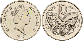 Новая Зеландия 10 центов 1987 Елизавета II (1952-2022), маска маори KM 61 медно-никель PROOF 3711-1411