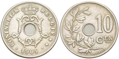 БЕЛЬГИЯ 10 САНТИМОВ 1904 BELGIE KM 53 медно-никель 210-1046