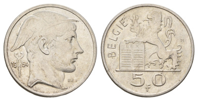 Бельгия 50 франков 1954 Бодуэн I (1951-1993), Belgiqe KM 137 серебро 3855-1026