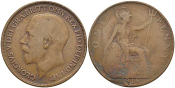 Великобритания 1 пенни 1916 Георг V (1910-1936) KM 810, Spink 4051 бронза 111-1241