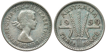Австралия 3 пенса 1959 m, Елизавета II (1952-2022) KM 57 серебро 71-563