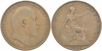 Великобритания 1 пенни 1906 Эдуард VII (1901-1910) KM 794.2, Sp 3990 бронза 4403-822