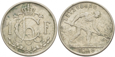 ЛЮКСЕМБУРГ 1 ФРАНК 1946 СТАЛЕВАР KM 46.1 медно-никель 77-834