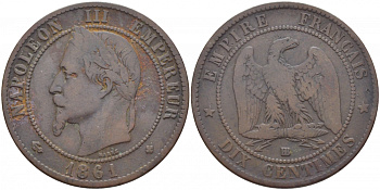 ФРАНЦИЯ 10 САНТИМОВ 1861 BB, НАПОЛЕОН III (1852-1870) KM 798.2, LA FRANC 134.3 бронза 114-725
