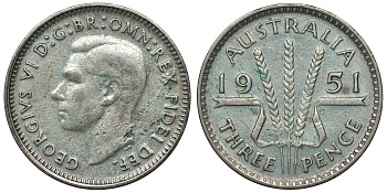 Австралия 3 пенса 1951 m, Георг VI (1937-1952), без букв KM 44 серебро 71-318