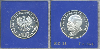 Польша 100 злотых 1979 MW, Людвик Заменгоф (1859-1917), в оригинальной пластиковой упаковке KM 103 серебро PROOF 5-3-1-15