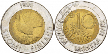 ФИНЛЯНДИЯ 10 МАРОК 1996 М, ТЕТЕРЕВ KM 77 биметалл 180-241