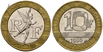 Франция 10 франков 1990 тип Гений Бастилии KM 964.1, Le Frank 375.5 биметалл 4601-421
