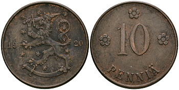Финляндия 10 пенни 1920 республика (1918-1962) KM 24 медь 08-1036