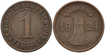 Германия 1 рентенпфенниг 1924 E KM 30, J. 306 бронза 4124-965
