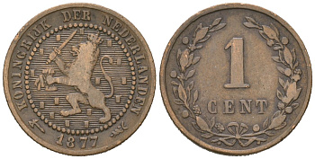 Нидерланды 1 цент 1877 Виллем III (1849-1890) KM 107 бронза 4154-211