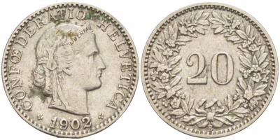 ШВЕЙЦАРИЯ 20 РАППЕНОВ 1902 В KM 29 никель 4513-242