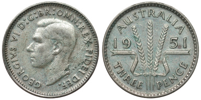 Австралия 3 пенса 1951 m, Георг VI (1937-1952), без букв KM 44 серебро 71-318