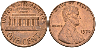 США 1 цент 1974 Линкольн KM 201 медь цинк 4580-416