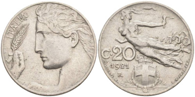 Италия 20 чентезимо 1921 R, Виктор Эммануил III (1900-1946) KM 44 никель 3853-237