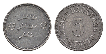 Бакнанг 5 пфеннигов 1918 маленькая пятерка Funck 25.3, Men05 1171.3, Men18 1511.3 железо 4636-1043