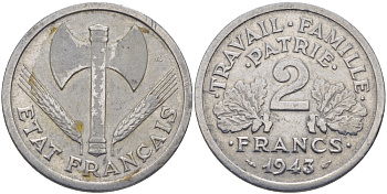 Франция 2 франка 1943 правительство Виши, в лаке KM 904.1 алюминий 67-844