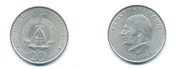 ГДР 20 марок 1971 A, 85 лет со дня рождения Эрнста Тельмана KM 34, J. 1535 медно-никель 3333-622