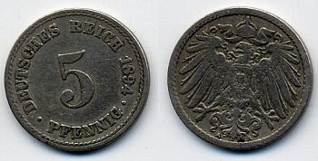 ГЕРМАНИЯ 5 ПФЕННИГОВ 1894 A, KM 11, J. 12 медно-никель 51-5247