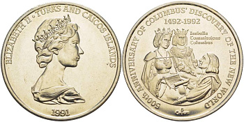 Теркс и Кайкос 5 крон 1991 500 лет открытия Америки, Колумб и королева Изабелла KM 75 медно-никель  UNC 4527-313