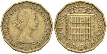 Великобритания 3 пенса 1958 Елизавета II (1952-2022) KM 900, Spink 4153 никель латунь 4556-456