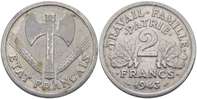 Франция 2 франка 1943 правительство Виши, в лаке KM 904.1 алюминий 67-844