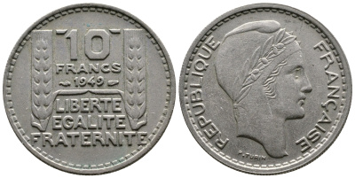 Франция 10 франков 1949 тип Пьер Турин KM 909.1, LE FRANC 362.6 медно-никель 63-1017