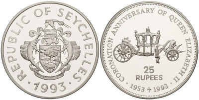 Сейшельские острова 25 рупий 1993 40 лет коронации королевы Елизаветы II (1953-1993), карета, тираж 10000 экз. KM 63 серебро PROOF 1095-10-52