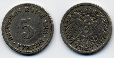 ГЕРМАНИЯ 5 ПФЕННИГОВ 1894 A, KM 11, J. 12 медно-никель 51-5247
