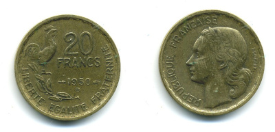 ФРАНЦИЯ 20 ФРАНКОВ 1950 В, 4 ПЕРА KM 917.2, LE FRANC 402.4 алюминиевая бронза 84-817