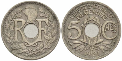 Франция 5 сантимов 1931 тип Линдайё KM 875, Le Franc 122.14 медно-никель 105-358