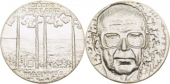 Финляндия 10 марок 1975 S-H, 75 лет президенту Урхо Кекконену KM 54 серебро UNC 1515-1642