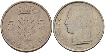 БЕЛЬГИЯ 5 ФРАНКОВ 1976 BELGIE, БОДУЭН I (1951-1993) KM 135.1 медно-никель 213-432