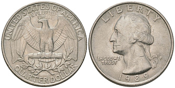 США 25 центов = квотер 1989 P, Вашингтон KM 164a медь плакированная медно-никелем 4595-1123