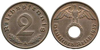 Германия 2 рейхспфеннига 1937 A KM 90, J. 362 бронза 176-436