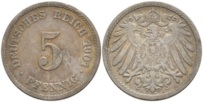 Германия 5 пфеннигов 1901 A KM 11, J. 12 медно-никель 4151-427