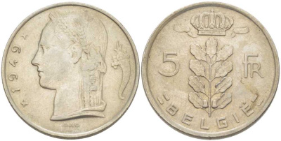 БЕЛЬГИЯ 5 ФРАНКОВ 1949 BELGIE, ЛЕОПОЛЬД III (1934-1950) KM 135.1 медно-никель 202-1146