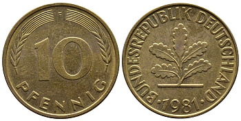 ФРГ 10 ПФЕННИГОВ 1981 F KM 108, J. 383 сталь плакированная латунью 56-1014