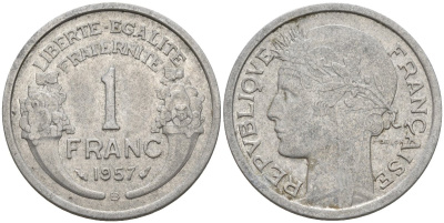 Франция 1 франк 1957 B KM 885a.2 алюминий 4142-1012