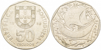 Португалия 50 эскудо 1988 парусник8 KM 636 медно-никель 4403-843