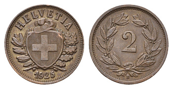 Швейцария 2 раппена 1925 B KM 4.2 бронза 46-822
