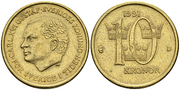 Швеция 10 крон 1991 D, Карл XVI Густав (1973- ) KM 877 медь алюминий цинк 4592-137