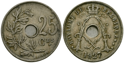 Бельгия 25 сантимов 1927 Belgique KM 68 медно-никель 4165-531