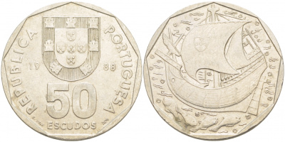Португалия 50 эскудо 1988 парусник8 KM 636 медно-никель 4403-843