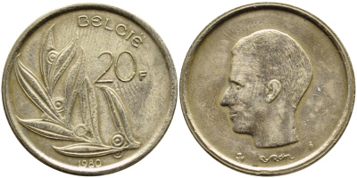 Бельгия 20 франков 1980 Belgie, Бодуэн I (1951-1993) KM 160 никелиевая бронза    4606-144