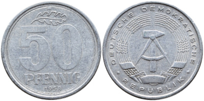 ГДР 50 ПФЕННИГОВ 1958 А KM 12.1 алюминий 4391-1225