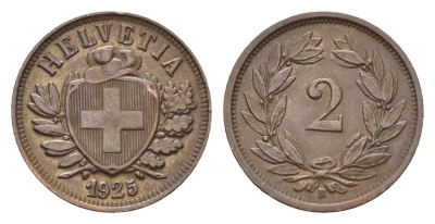 Швейцария 2 раппена 1925 B KM 4.2 бронза 46-822